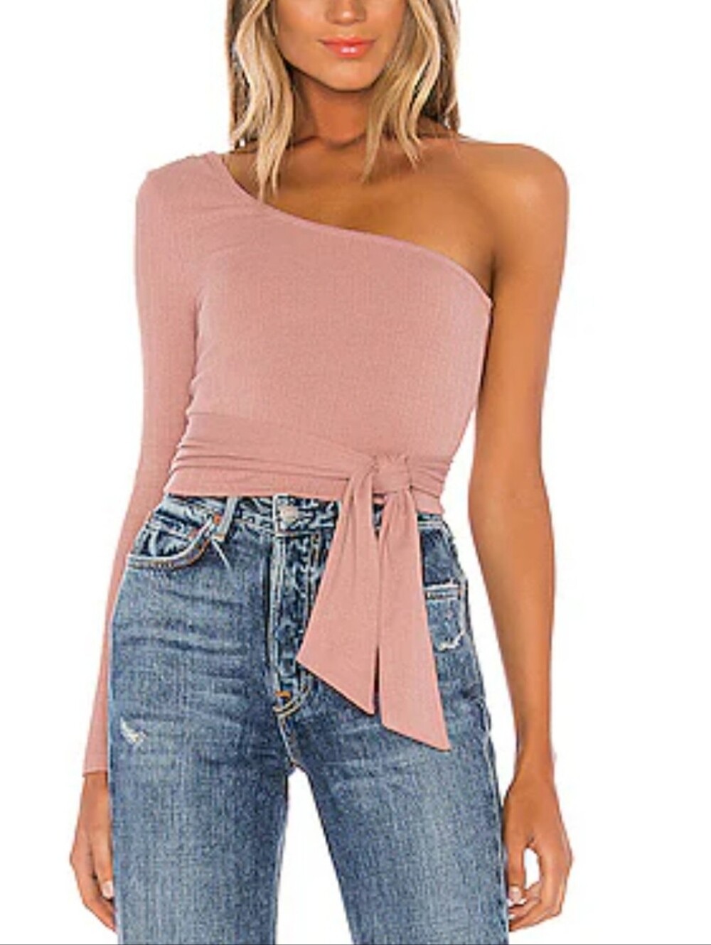 Lovers and Friends One-Shoulder Blush Ribbed Tie-Waist Top Size M